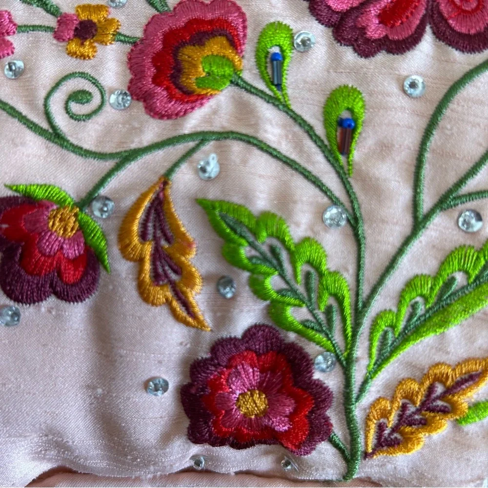 Hand Embroidered Floral Decorative‎ Pillow Pink Silk, Beaded Accents, ITR Brand